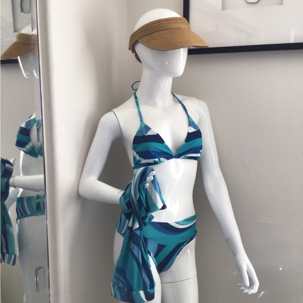 Striped Teal & Navy 3Pc Bikini Set with pants